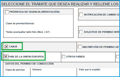 Marcar casillas de canje permiso europeo