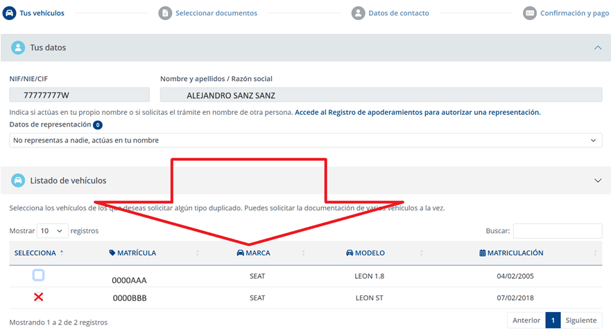 Seleccionar vehículo para duplicado ficha técnica electrónica online