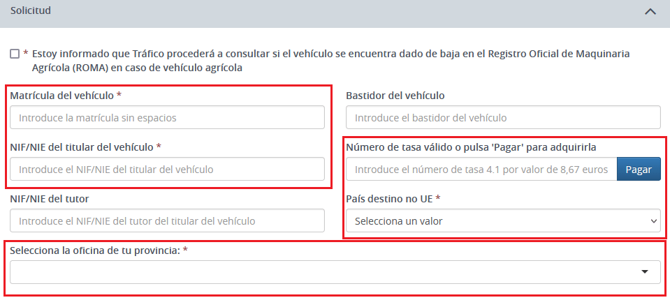 detalle del formulario ONLINE baja vehículo por exportación